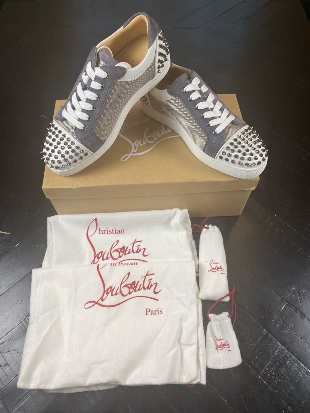 Christian Louboutin Gray and White Spike-Trim Low-Top Sneakers